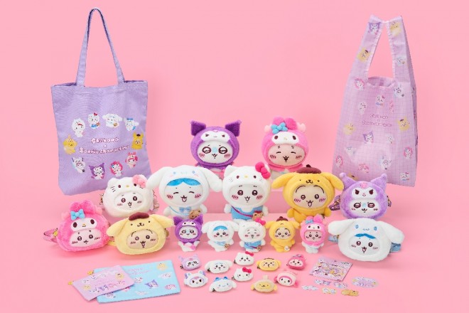 The Chiikawa × Sanrio Characters collaboration features mascots in fuzzy costume crossovers, with 21 new items releasing June 13 nationwide